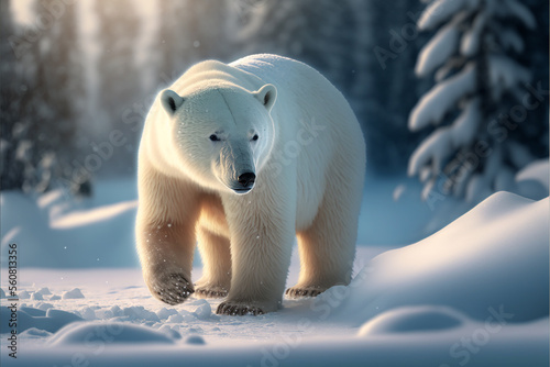 Beautiful polar bear in the snow, in a forest © nastazia