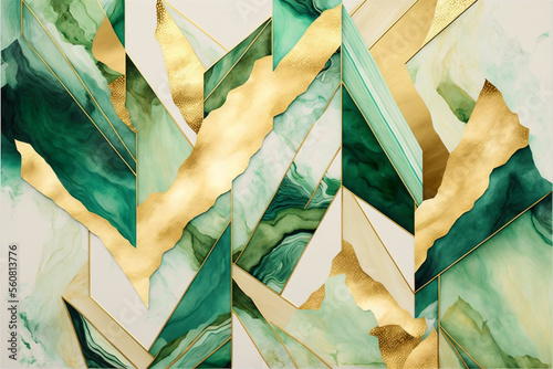 abstract green and golden background with marbled shapes. Generative AI