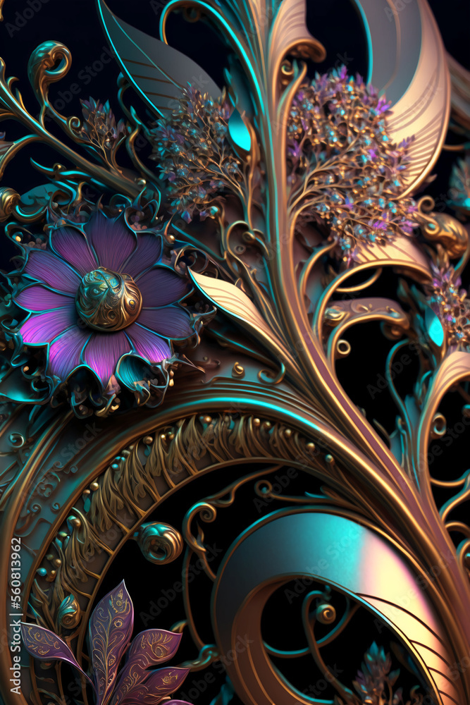 abstract fractal background with ornaments and flowers. Generative AI