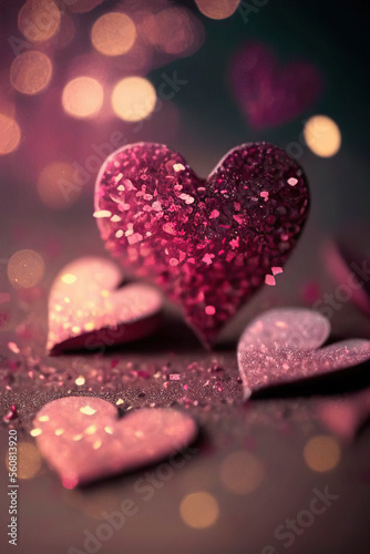 Beautiful pink heart with sequins, bokeh background, love, St. Valentine's Day, Generative AI