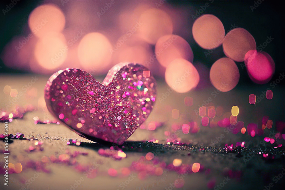 Obraz premium Beautiful pink glittering heart in the pink bokeh background, St. Valentine's Day, Generative AI