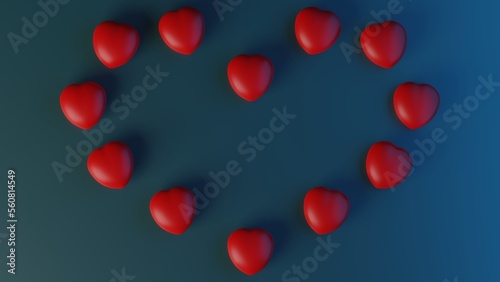 3d render of sets of small red hearts disposed in heart shape isolated on blue background