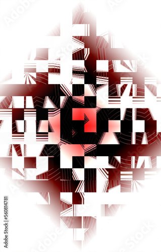 3d render of a symbol made of many block squares in abstract shapes and blended colors of red white and brown on vertical background. space for text