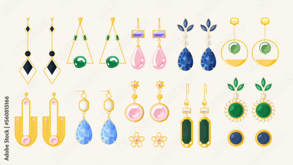 Earrings jewelry accessories vector icons set on beige background. Gold diamond and pearl gemstones pendant vector illustration. Flat style illustration Earrings jewelry accessories vector icons set on beige background. Gold diamond and pearl gemstones pendant vector illustration. Flat style illustration