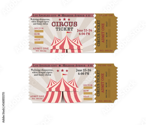 Circus tickets. Vintage carnival event banner, retro coupon with marquee, Circus poster, retro invitation card, Vector marquee tent elegant advertisement elements