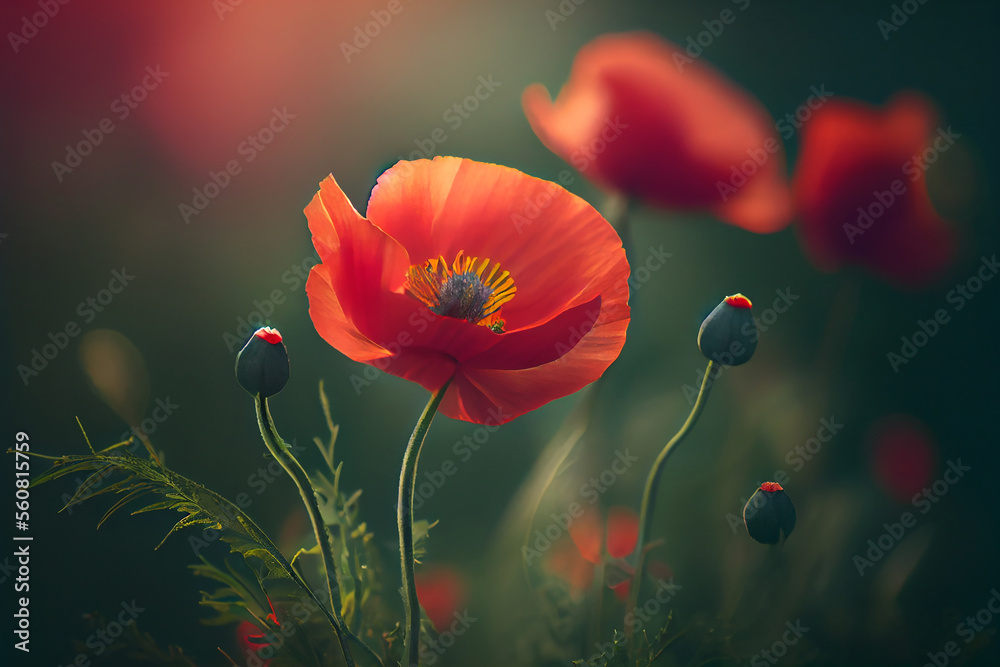 Natural spring light red poppy flowers on green background. Illustration Generative AI
