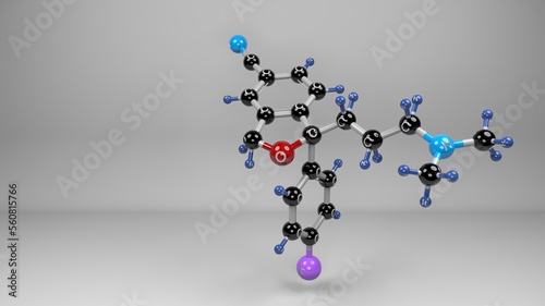 Escitalopram molecule. Molecular structure of Lexapro anti-depressant, anti-obsessive-compulsive and anti bulimic compound used in the treatment of depression and anxiety.
 photo