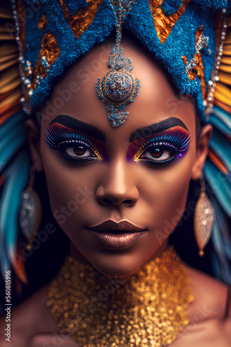 portrait of a sexy girl in a colorful sumptuous carnival feather suit.