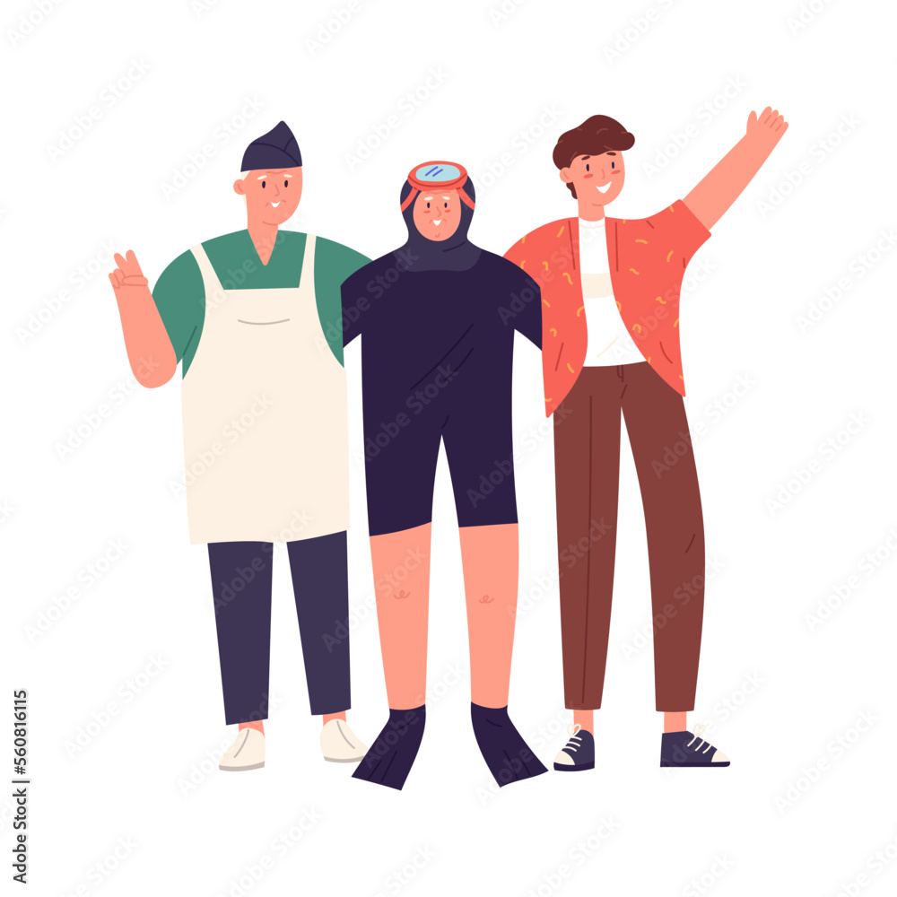 People of Korean Jeju island greeting tourists, flat vector illustration isolated on white background. Haenyeo fisher woman, young man and market seller waving and welcoming. People of Korean Jeju island greeting tourists, flat vector illustration isolated on white background. Haenyeo fisher woman, young man and market seller waving and welcoming.