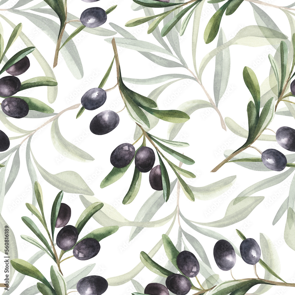 Watercolor hand drawn seamless pattern with black olives branches and ...