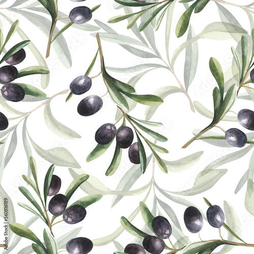 Fototapet Watercolor hand drawn seamless pattern with black olives branches and leaves