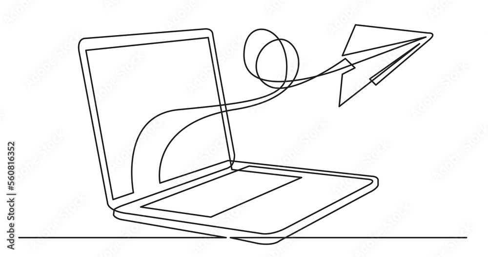 one line drawing of laptop computer with paper plane as business concept of startup - PNG image with transparent background one line drawing of laptop computer with paper plane as business concept of startup - PNG image with transparent background
