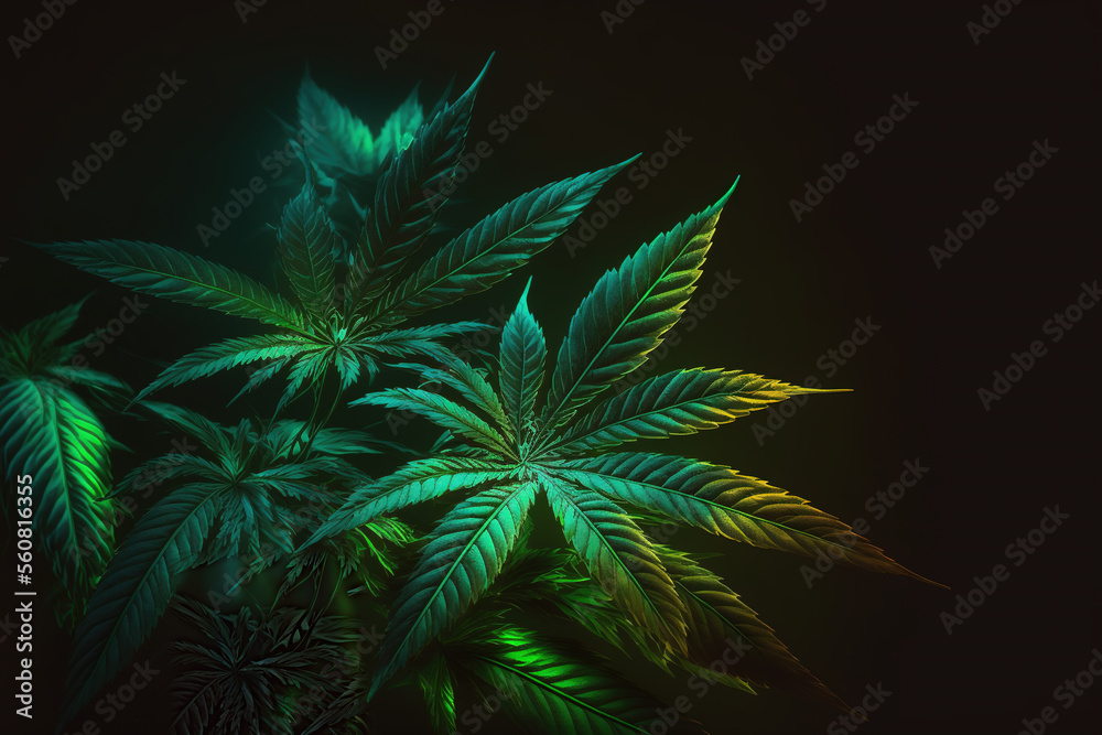 Hemp green leaves on dark background. Cannabis plant. Generative AI Hemp green leaves on dark background. Cannabis plant. Generative AI