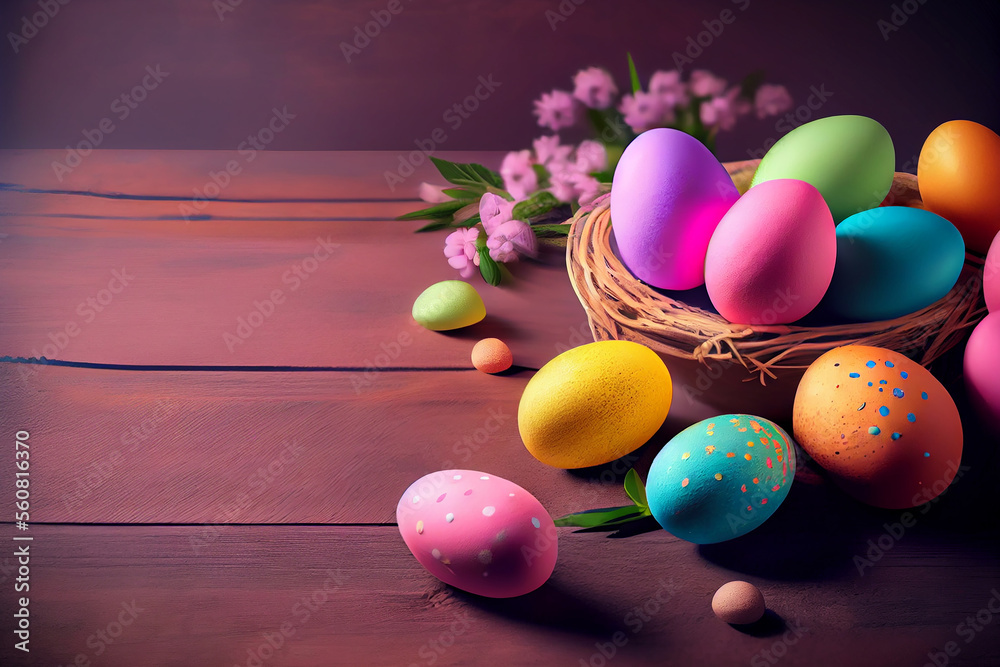 Obraz premium Happy Easter Greeting Background with Colorful Eggs. Generative AI