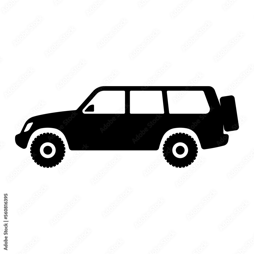 SUV icon. Off-road vehicle. Black silhouette. Side view. Vector simple flat graphic illustration. Isolated object on a white background. Isolate. SUV icon. Off-road vehicle. Black silhouette. Side view. Vector simple flat graphic illustration. Isolated object on a white background. Isolate.