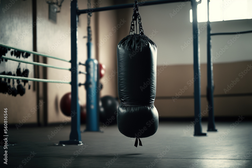 Gym room interior background, punching bag mock up in gym style