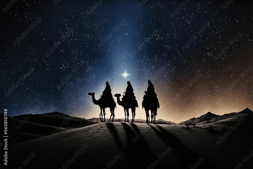 Star of Bethlehem wise men traveling in the desert on camels at night, Generative AI
