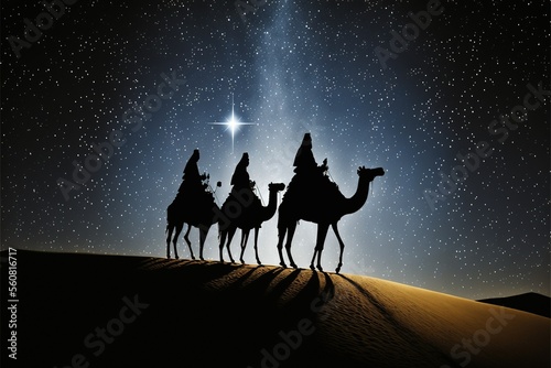 Fototapete Star of Bethlehem wise men traveling in the desert on camels at night, Generativ
