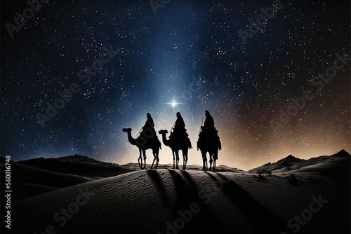 Obraz na płótnie Star of Bethlehem wise men traveling in the desert on camels at night, Generative AI w salonie