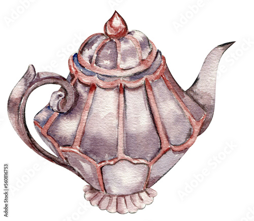 Watercolor illustration of an old teapot.An old rusty enamel element. Hand-drawn in watercolour on a white background. Perfect for wedding invitation, greetings card, posters, party decor.