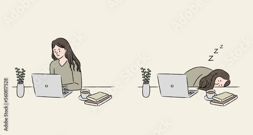 Attractive businesswoman working on laptop in her workstation. Tired girl. Employee in office. Profession concept, Remote work. Distance learning. Hand drawn style. Line vector design illustrations.