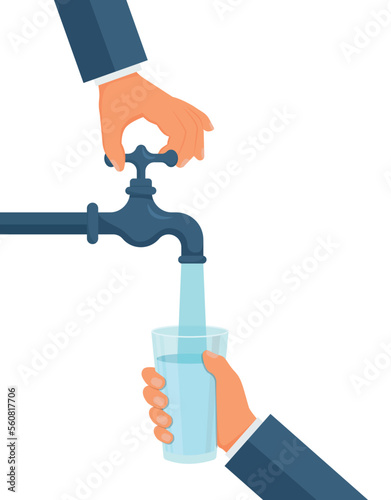 Hand opens or closes a water tap, save water,concept of eco and world water day.