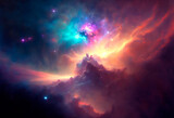 Dramatic and beautiful space background. Nebula blast. Multicolored space clouds. Science fiction backdrop. Fantastic cosmic wallpaper. Generative AI illustration.