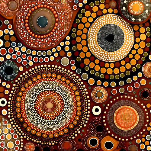 Aboriginal dot art, textile pattern print, earthy colors Generative AI