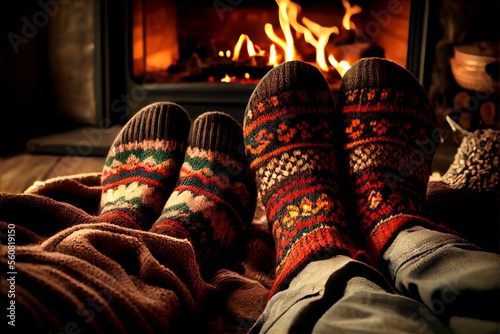 Feet in woolen socks by the Warm Christmas fireplace generative ai