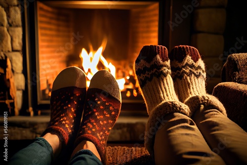 Feet in woolen socks by the Warm Christmas fireplace generative ai