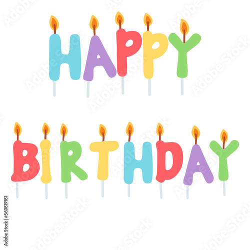 Hand drawn colorful Birthday candles. Vector illustration of cake candles with burning flames, design elements in cartoon flat style