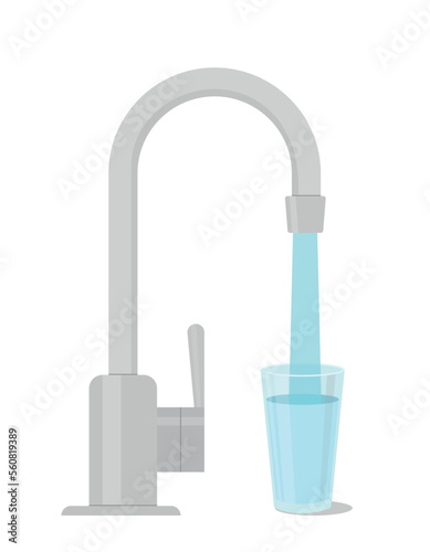 Water tap with glass. Filling cup beverage. Vector illustration.