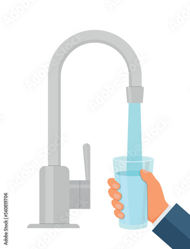 Water tap with glass. Filling cup beverage. Vector illustration.