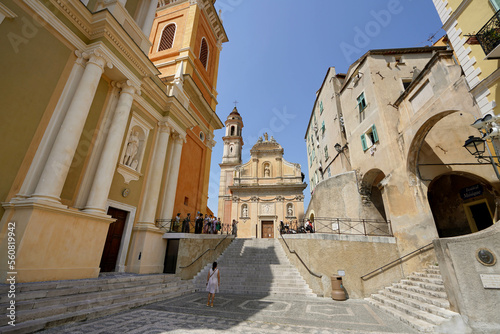 Place de l'Eglise square with Saint Michael Basilica and Immaculate Conception chapel , Menton, France