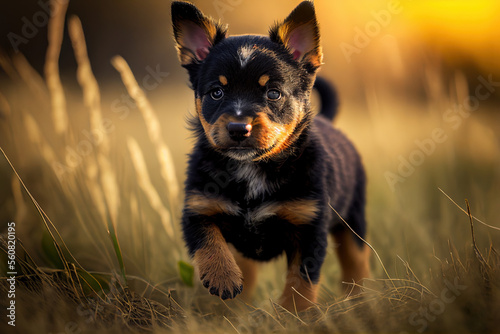 Lancashire Heeler puppy sitting in the grass, Generative AI