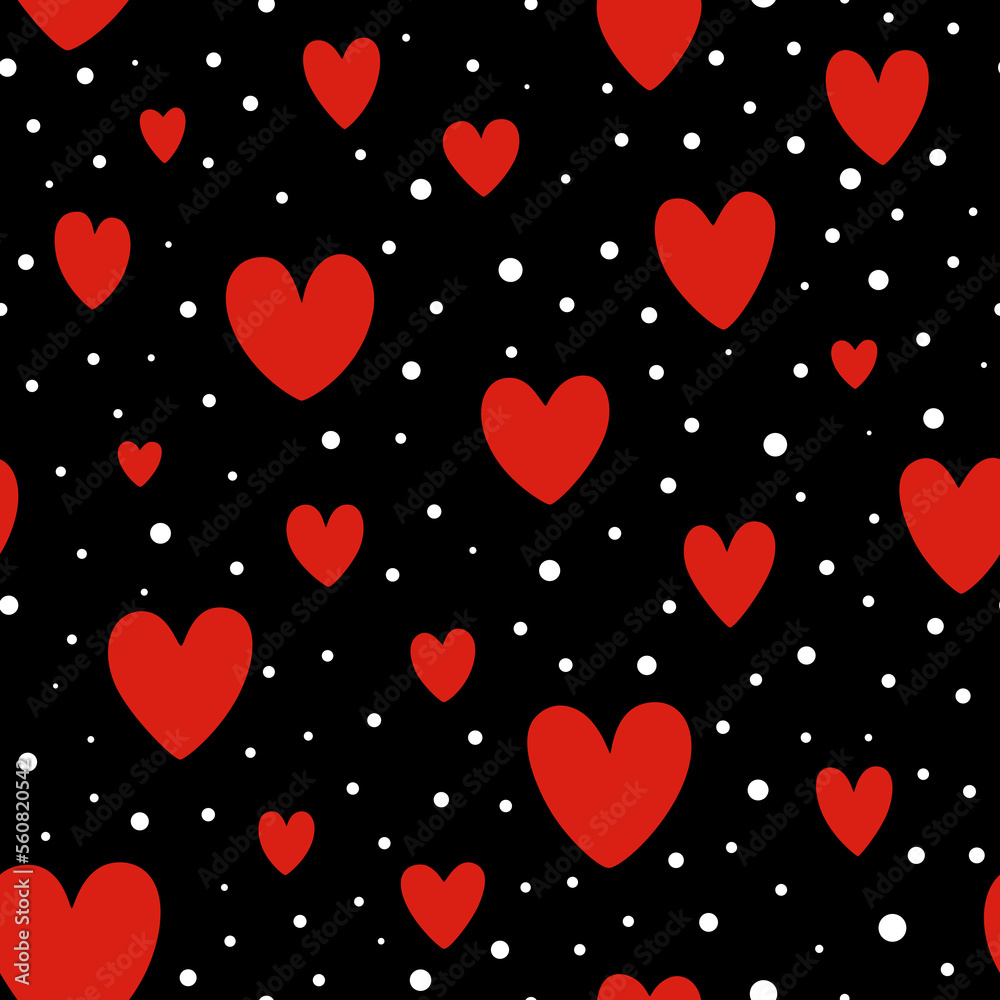 Valentine day seamless doodle pattern red hearts and white polka dots on black background. Seamless background for holiday wrapping, wallpapers, textiles and other design
