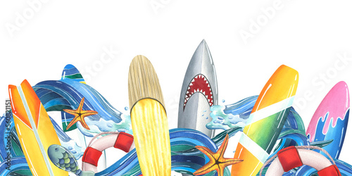 Surfboards with waves of the sea, ocean, lifebuoys and starfish. Watercolor illustration. A template from the SURFING collection. For the design, design of information, advertising, summer and beach.
