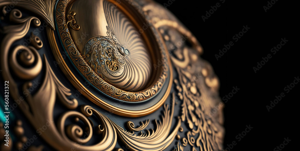 Incredibly detailed, macro close up of an ornate gold and navy blue pocket watch with beautiful filigree detail. Short depth of field. Generative AI. 