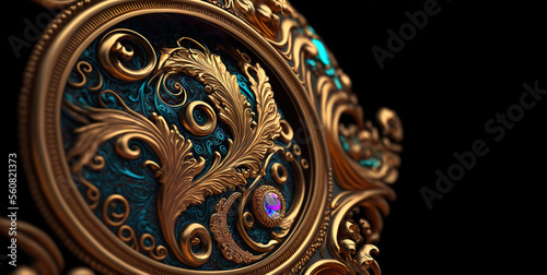 Incredibly detailed, macro close up of an ornate gold and blue pocket watch with beautiful filigree detail and a small inset gem. Short depth of field. Generative AI. 