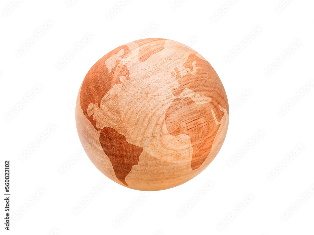 Schematic world map on the wooden ball. Globe or earth concept. Isolated png with transparency