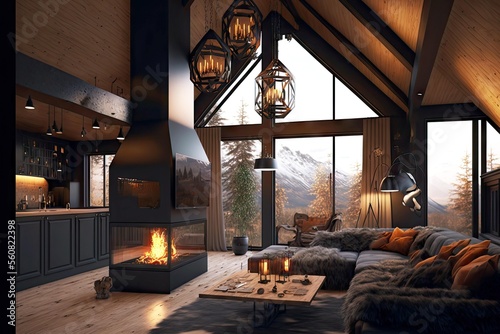 Foto chalet interior of ious living room with hanging lights, burning fireplaces and