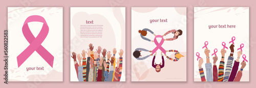 Breast cancer survival prevention concept. Group of different culture female hands holding a pink ribbon.Template. Solidarity and support for women fighting breast cancer.Cancer survivor