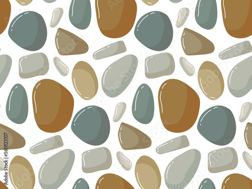 Seamless Beach pebbles pattern. Various shapes different colors. Vector stone illustration isolated on white background. Beach, Spa, garden stones. Sea rocks. Hand drawn wallpaper, textile, packaging.