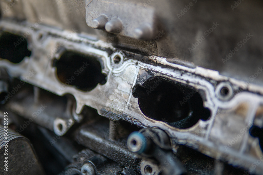 Car repair concept. dirty engine Intake car engine Close up manifold
