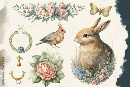 Easter bunny, flowers and eggs watercolor, Generative AI