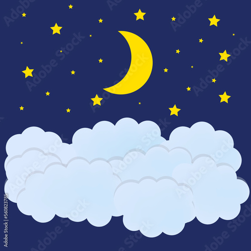 Night Sky, Cartoon Illustration, Paper Art Style Background, Bright Yellow Moon, Stars and Clouds Shining on Dark Blue Backdrop.