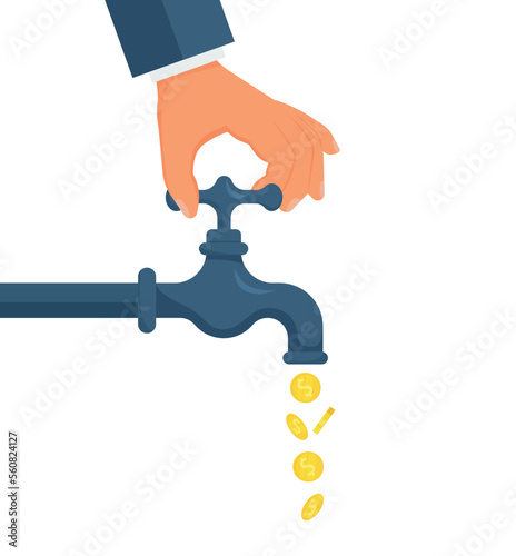 Golden coins fall out of the metal tap. isolated on background. Vector.