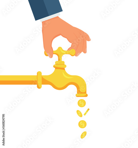 Golden coins fall out of the metal tap. isolated on background. Vector.