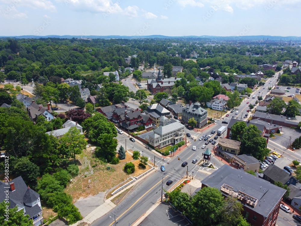 Methuen downtown aerial view at Pleasant Street and Broadway in historic city center of Methuen, Massachusetts MA, USA. 