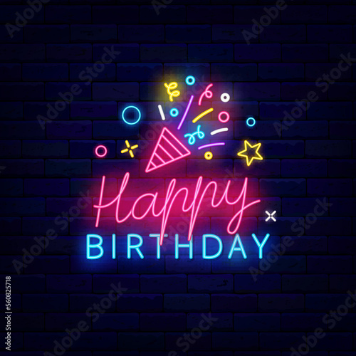 Happy Birthday neon label on brick wall. Colorful confetti with petard. Invitation template. Vector stock illustration